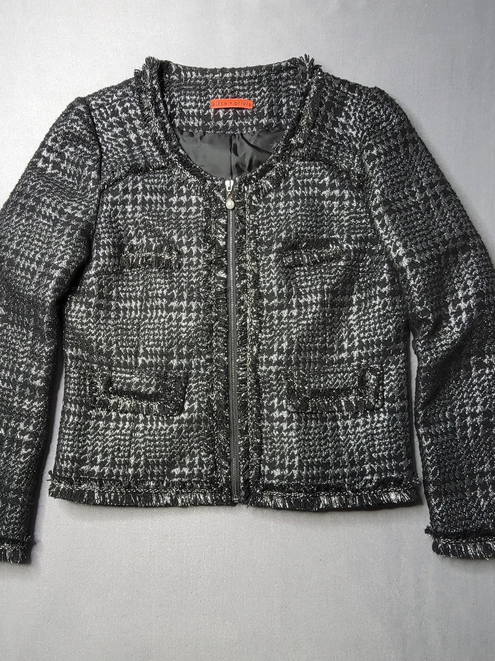 Alice + Olivia Womens Fringe Tweed Full Zip Jacket Black & Silver Size L